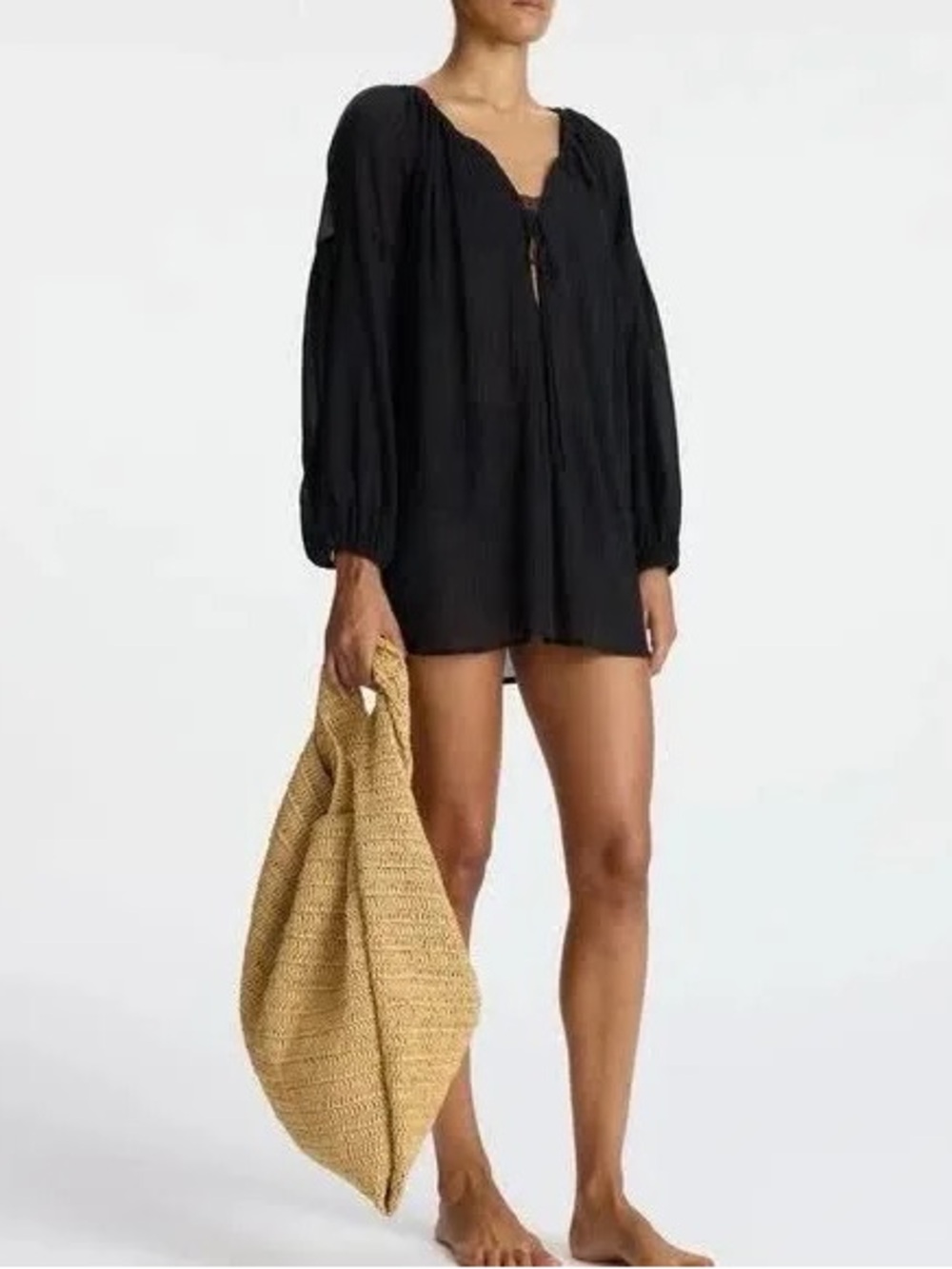 A.L.C. Black Long-Sleeve Tie-Front Silk Cotton Tunic